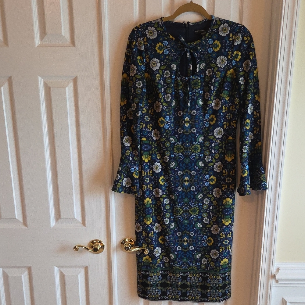 Maggy London Navy Floral Keyhole Tie-Neck Long Sleeve Dress